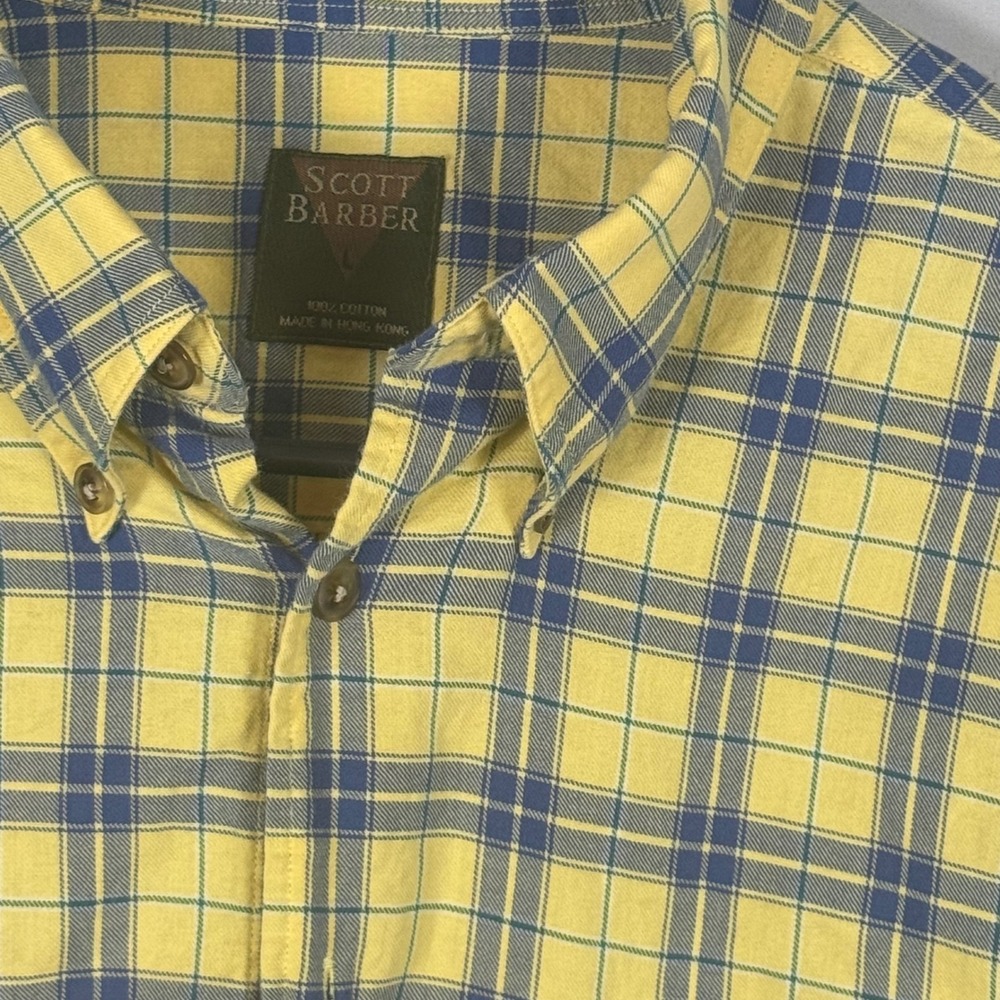 Scott Barber Plaid Shirt Mens‎ Large Yellow Blue Vintage 90s NWOT Cotton Button - Picture 7 of 7